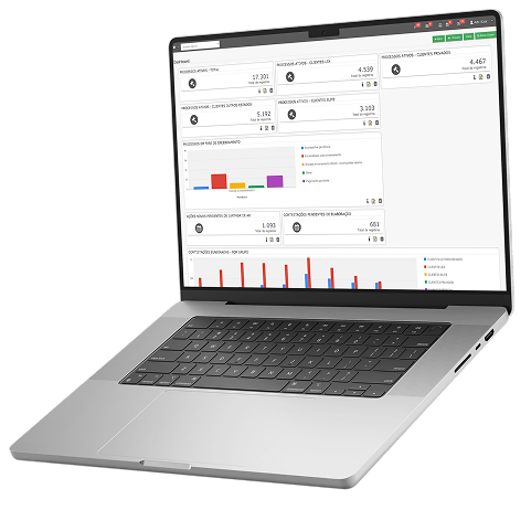 Mockup do software jurídico iiLex exibindo dashboard de gestão para advogados